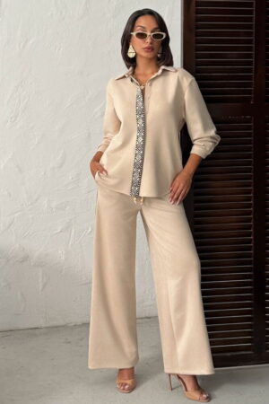 Beige Palazzo Pants With Drawstring And Slant Pockets - Brand: Topshow - Women & Kids, Baby Clothes Wholesale - Globality Store