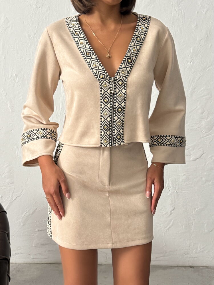 Beige Ethnic Elegant Blouse With V-Neck