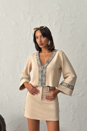 Beige Ethnic Elegant Blouse With V-Neck - Brand: Topshow - Women & Kids, Baby Clothes Wholesale - Globality Store