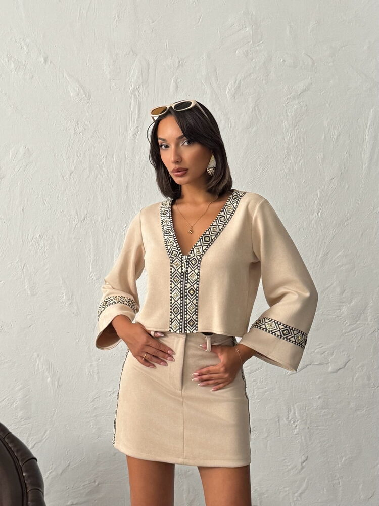 Beige Ethnic Elegant Blouse With V-Neck