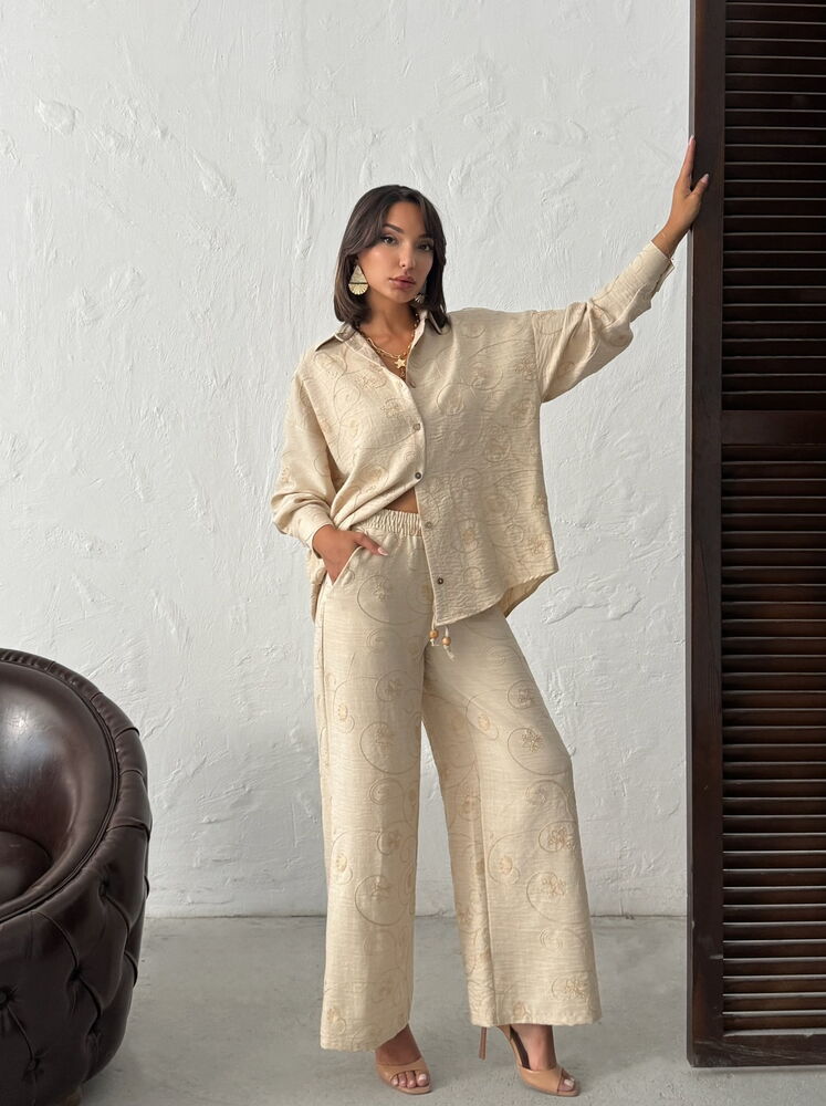 Beige Palazzo Pants With Drawstring Closure
