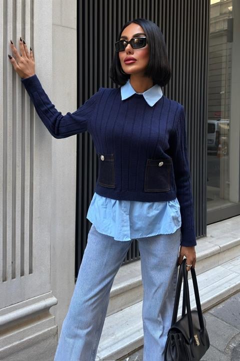 Sweater With Striped And Plain Style