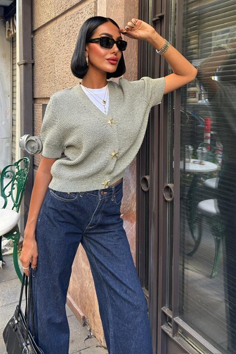Grey Cardigan With V-Neck And Button Closure