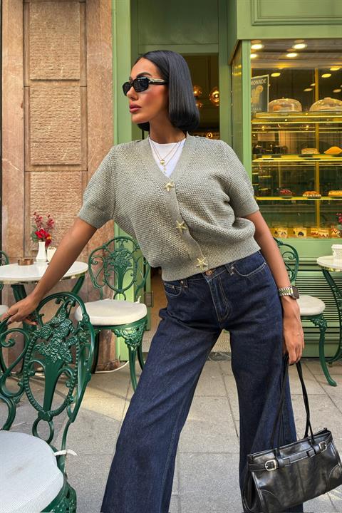 Grey Cardigan With V-Neck And Button Closure