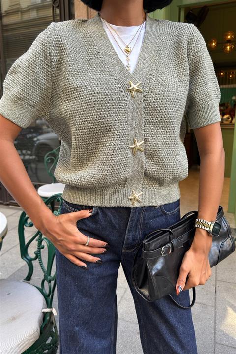 Grey Cardigan With V-Neck And Button Closure
