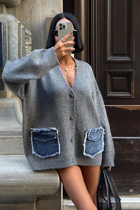 Grey Oversized Fit V-Neck Cardigan