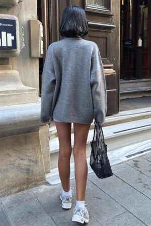 Grey Oversized Fit V-Neck Cardigan - Brand: Sobe Istanbul - Women & Kids, Baby Clothes Wholesale - Globality Store