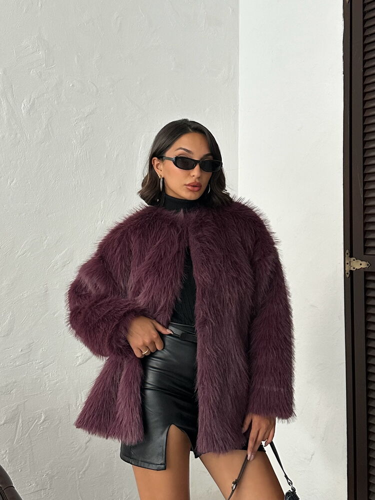 Claret Red Fur Oversized Glam Jacket