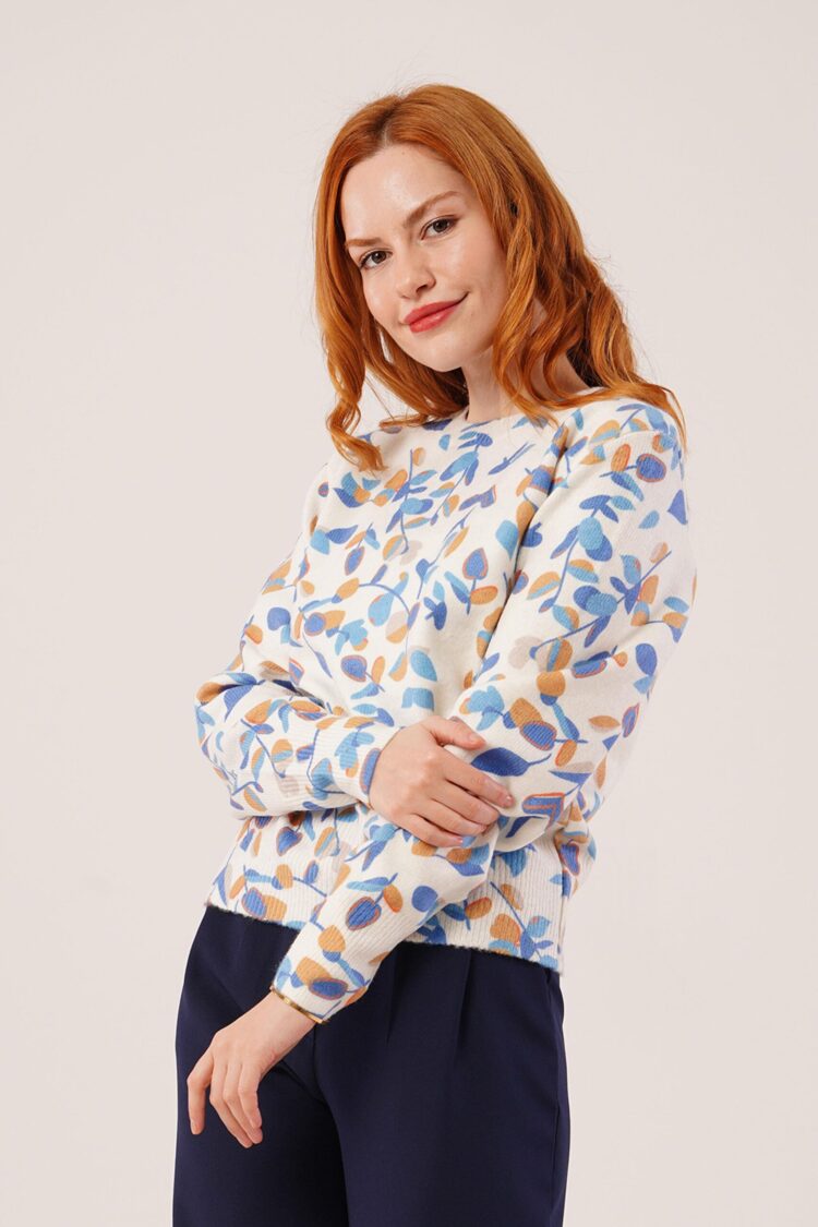 White Floral Crew Neck Sweater