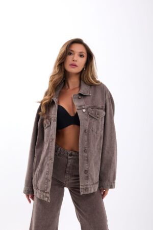 Brown Denim Jacket - Oversized Trucker With Flap Pocket - Brand: Fame - Women & Kids, Baby Clothes Wholesale - Globality Store