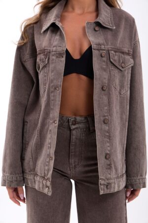 Brown Denim Jacket - Oversized Trucker With Flap Pocket - Brand: Fame - Women & Kids, Baby Clothes Wholesale - Globality Store