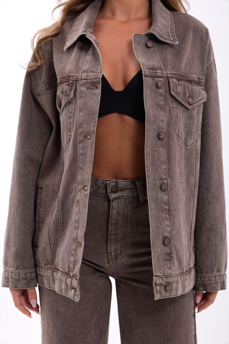 Brown Denim Jacket - Oversized Trucker With Flap Pocket