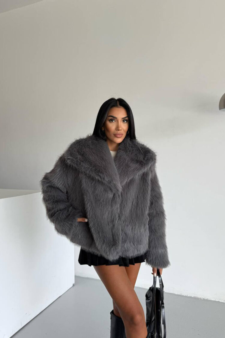 Grey Fur Oversized Fit Coat With Notched Collar