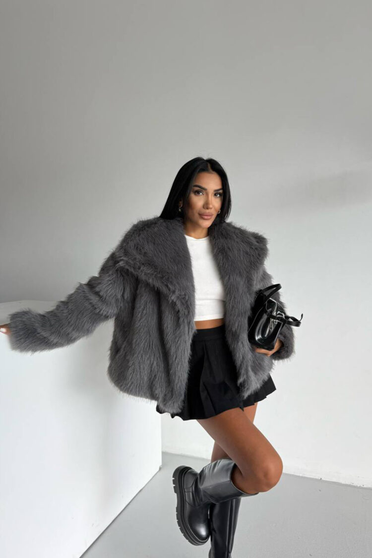 Grey Fur Oversized Fit Coat With Notched Collar