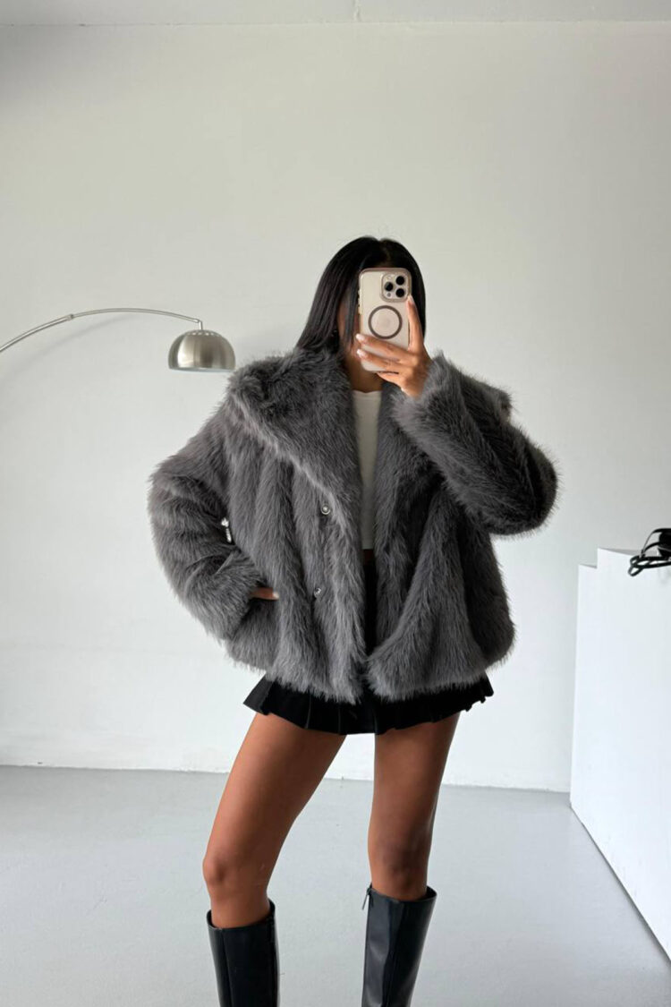 Grey Fur Oversized Fit Coat With Notched Collar - Brand: Mode Roy - Women & Kids, Baby Clothes Wholesale - Globality Store