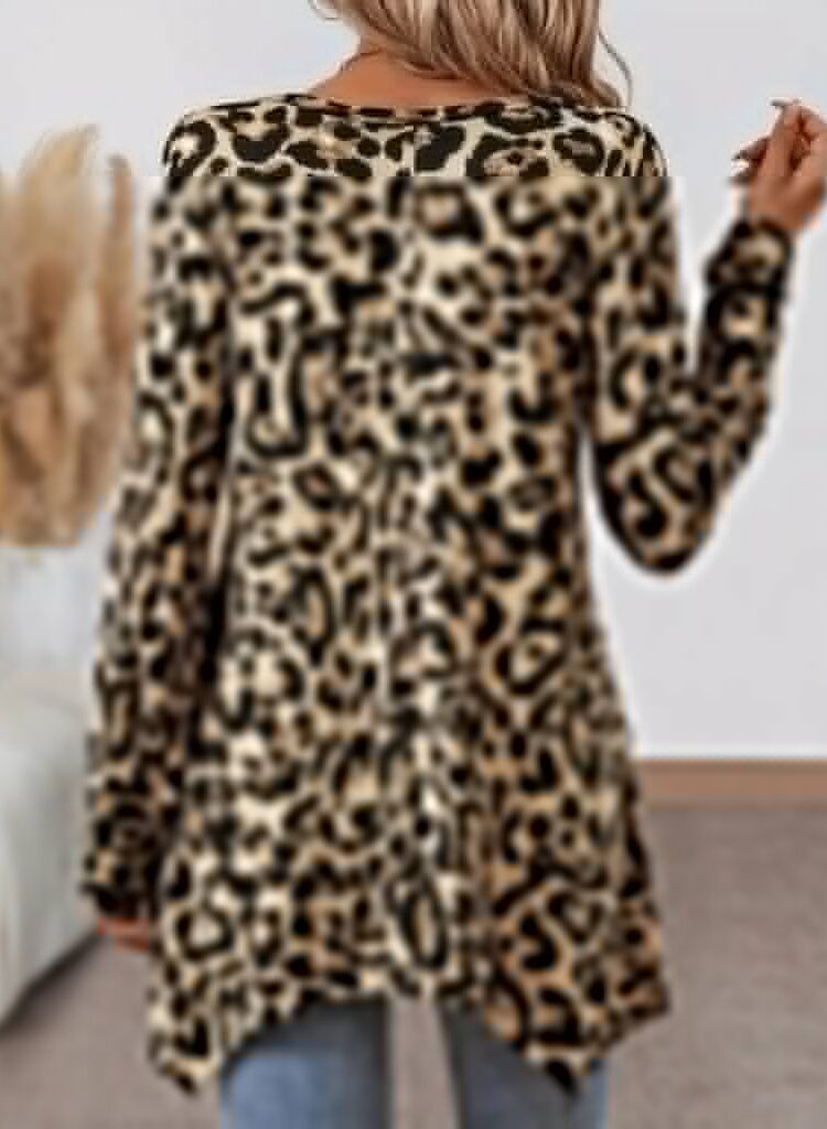 Beige Animal Print Oversized Blouse With Long Sleeves