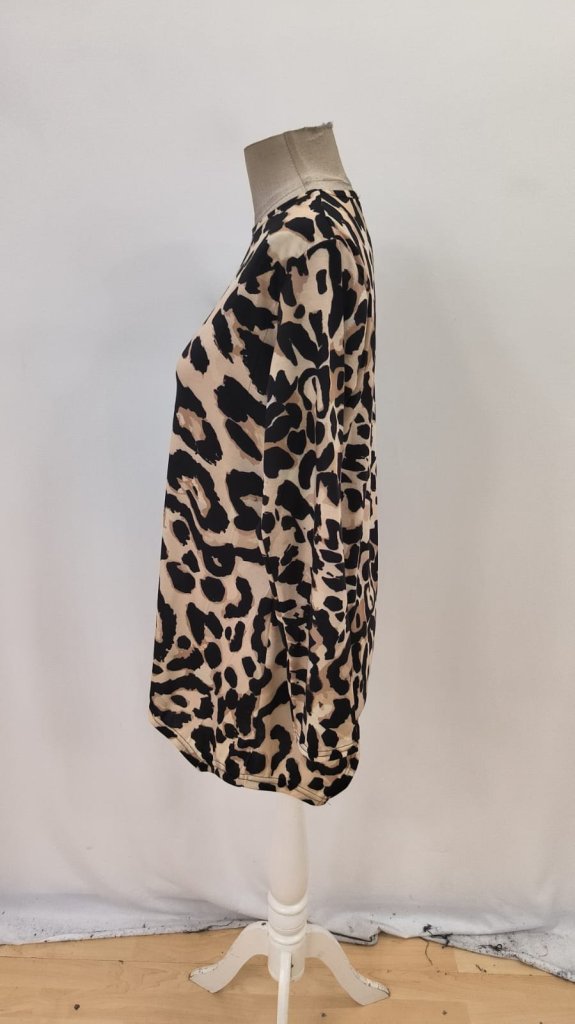 Beige Animal Print Oversized Blouse With Long Sleeves