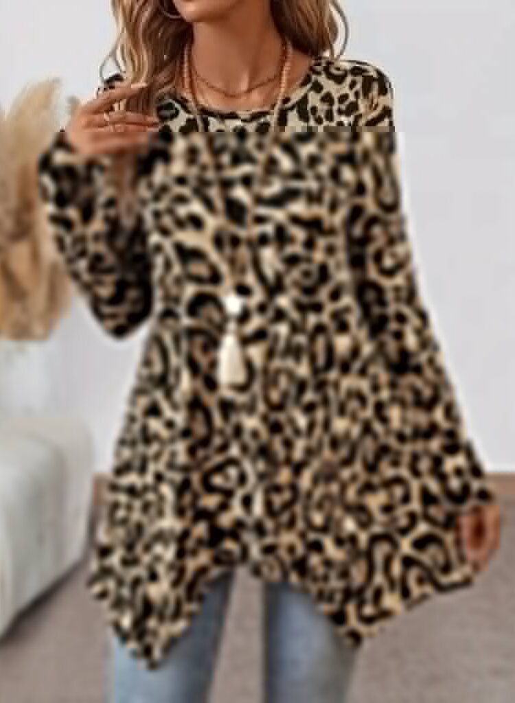 Beige Animal Print Oversized Blouse With Long Sleeves