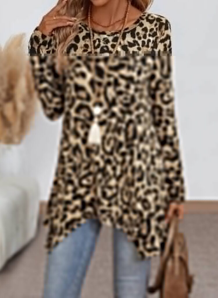 Beige Animal Print Oversized Blouse With Long Sleeves