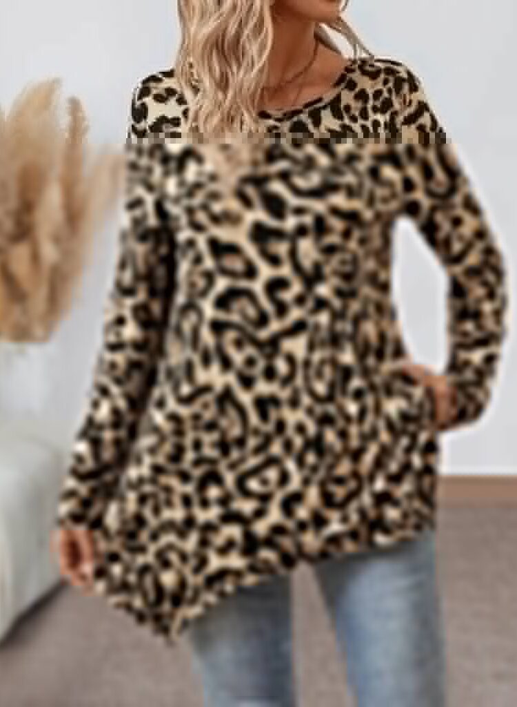 Beige Animal Print Oversized Blouse With Long Sleeves