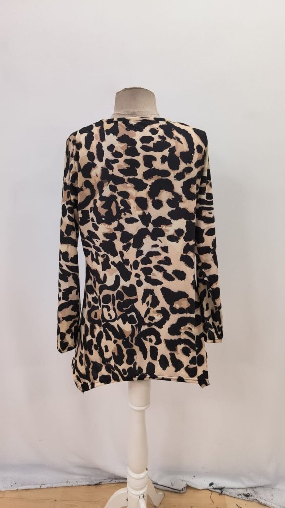 Beige Animal Print Oversized Blouse With Long Sleeves