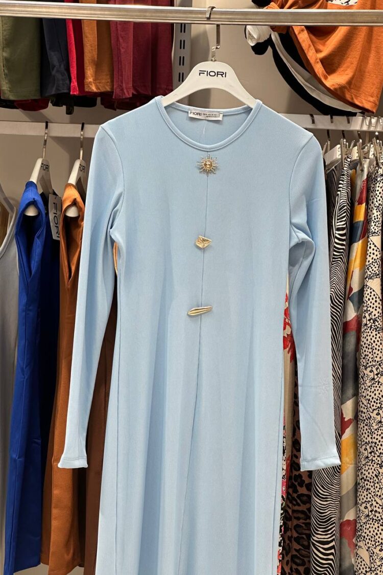 Blue Elegant Modest Shift Dress With Long Sleeves