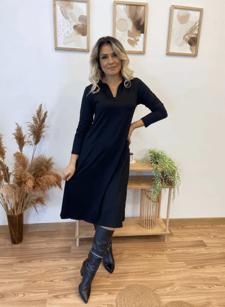 Black A-Line Modest Elegant Midi Dress