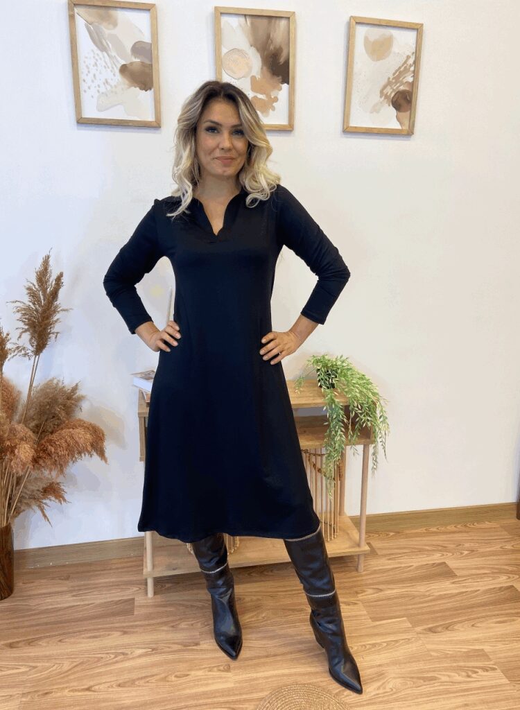 Black A-Line Modest Elegant Midi Dress
