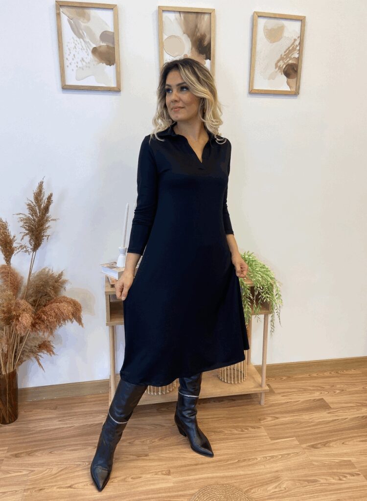 Black A-Line Modest Elegant Midi Dress