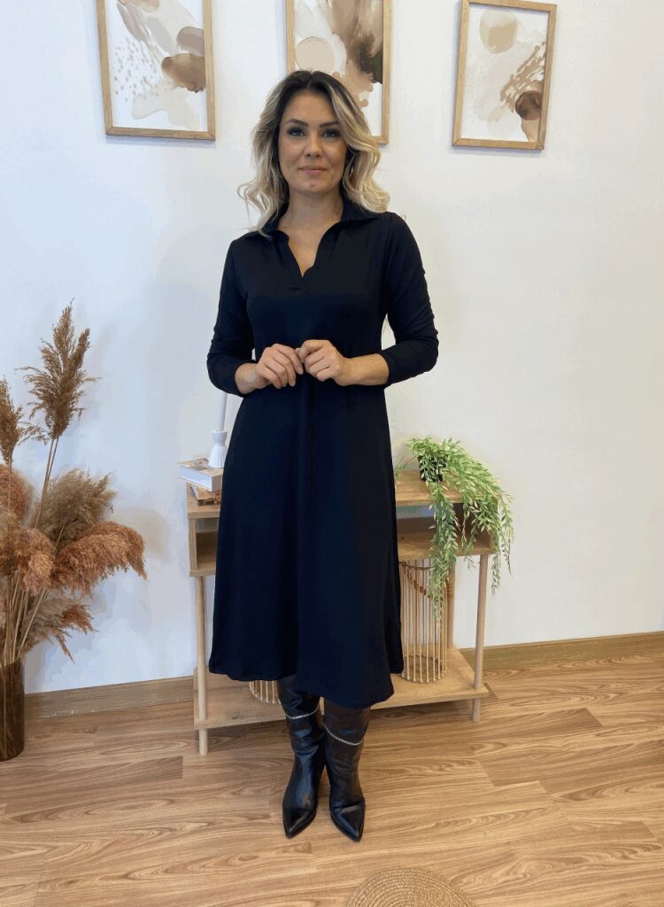 Black A-Line Modest Elegant Midi Dress