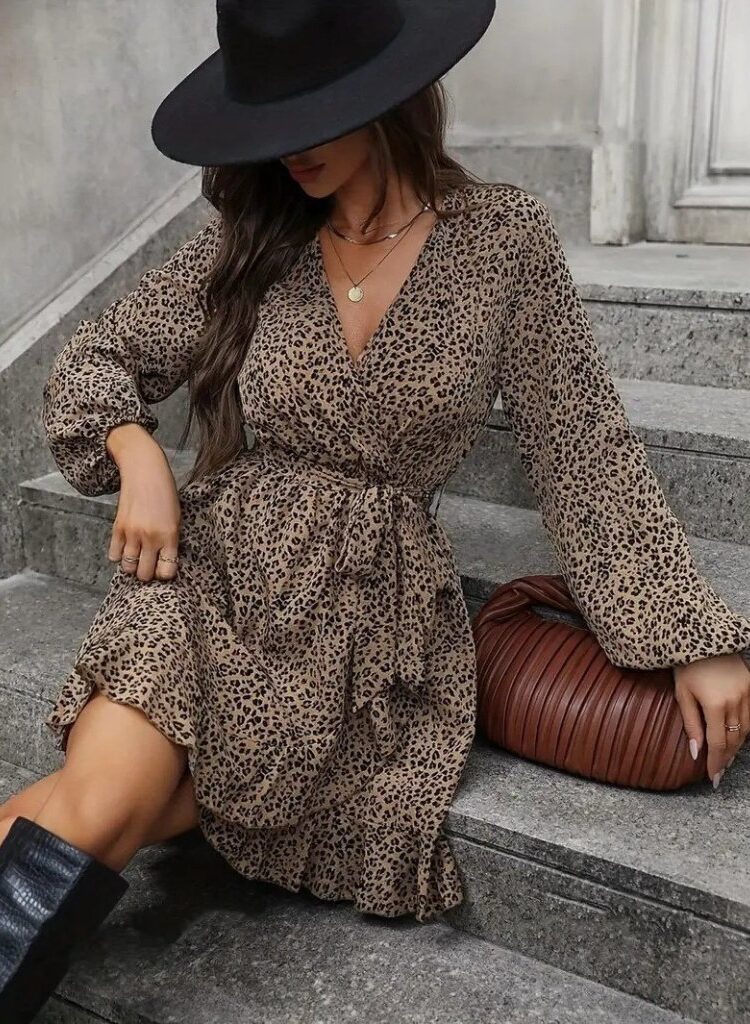 Brown Wrap Mini Dress With Animal Print