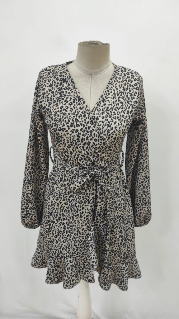Brown Wrap Mini Dress With Animal Print