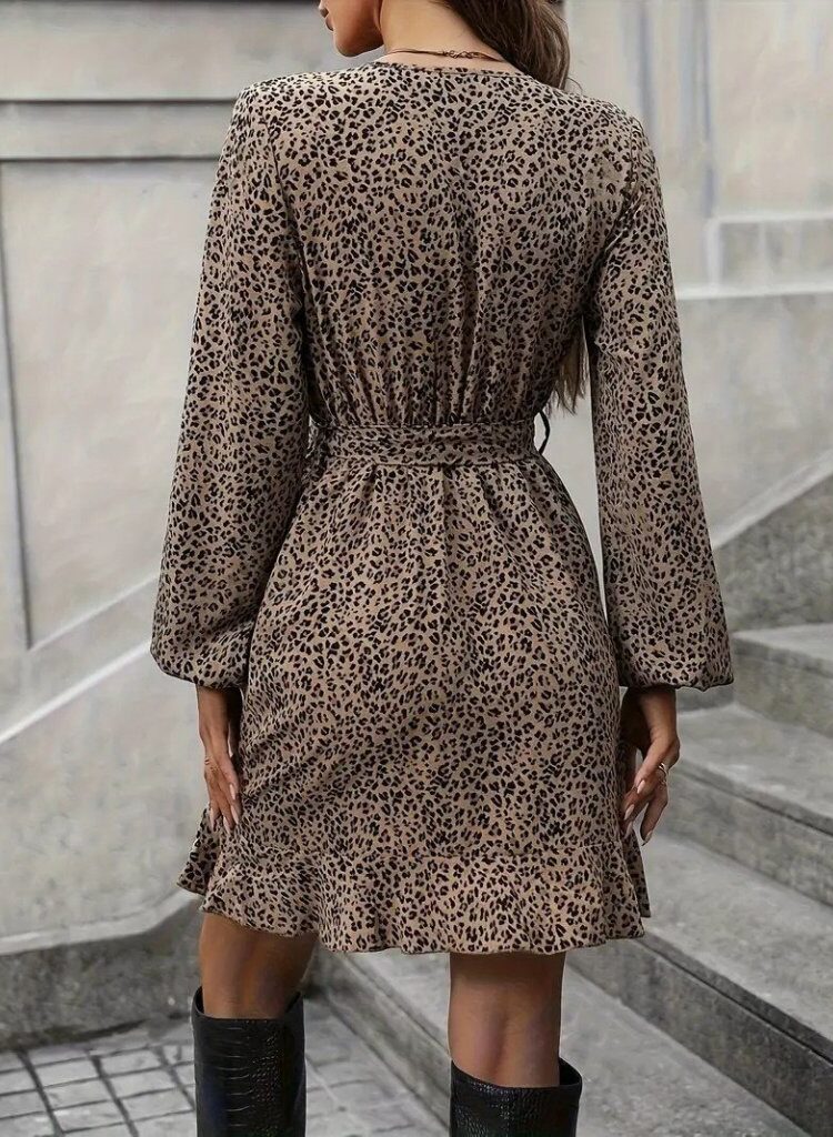 Brown Wrap Mini Dress With Animal Print