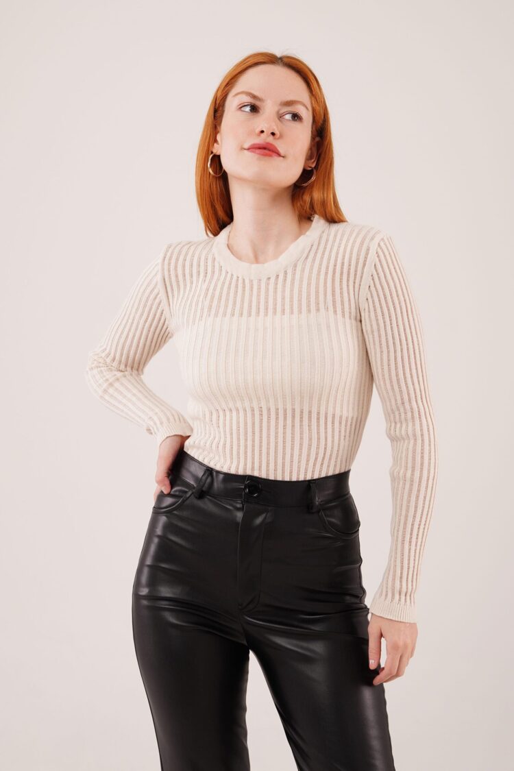 Beige Fitted Blouse With Striped And Plain Design