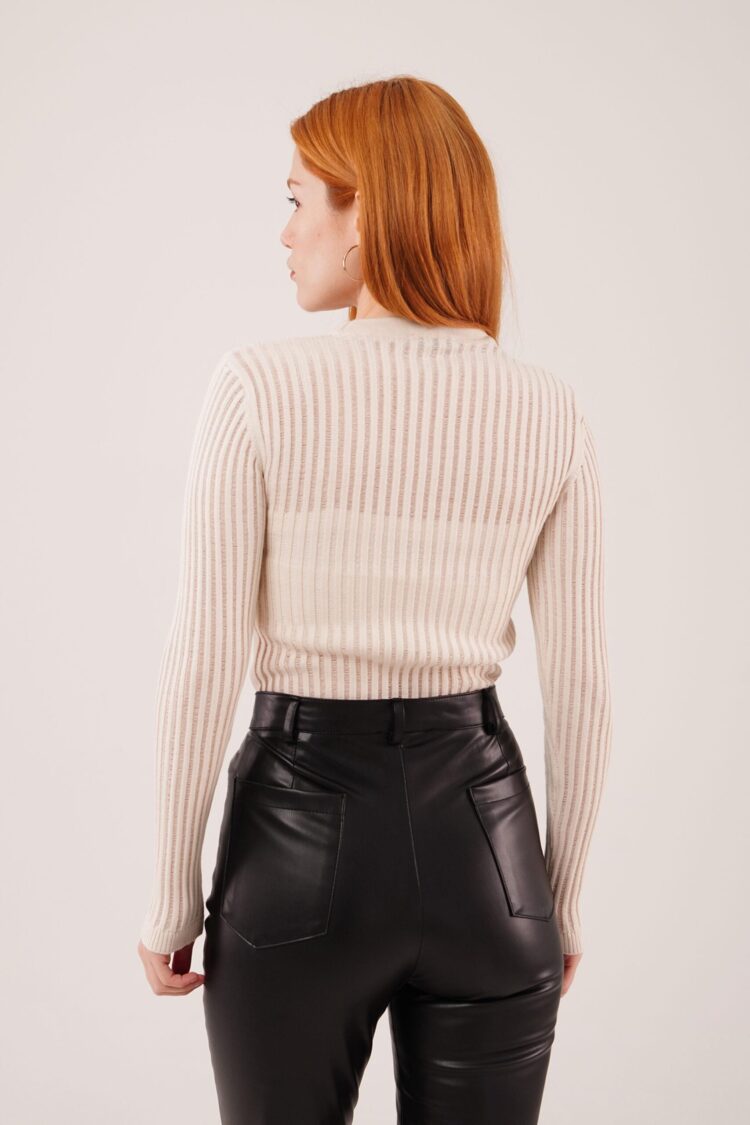 Beige Fitted Blouse With Striped And Plain Design