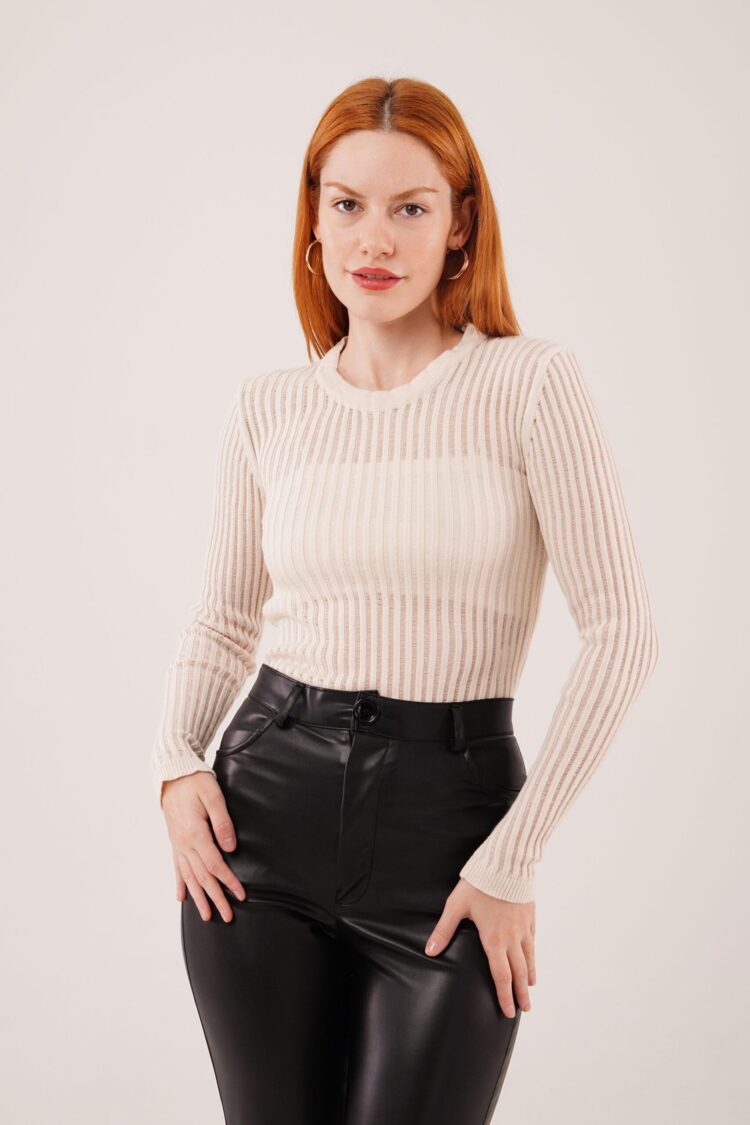 Beige Fitted Blouse With Striped And Plain Design - Brand: Lustrin - Women & Kids, Baby Clothes Wholesale - Globality Store