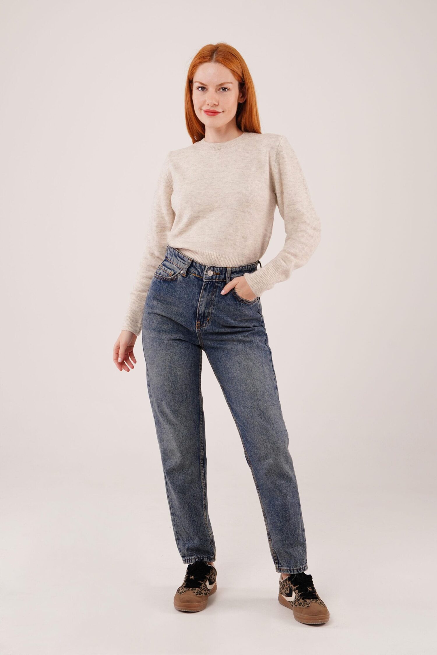 Beige Casual Sweater With Round Neck And Long Sleeves - Brand: Lustrin - Women & Kids, Baby Clothes Wholesale - Globality Store