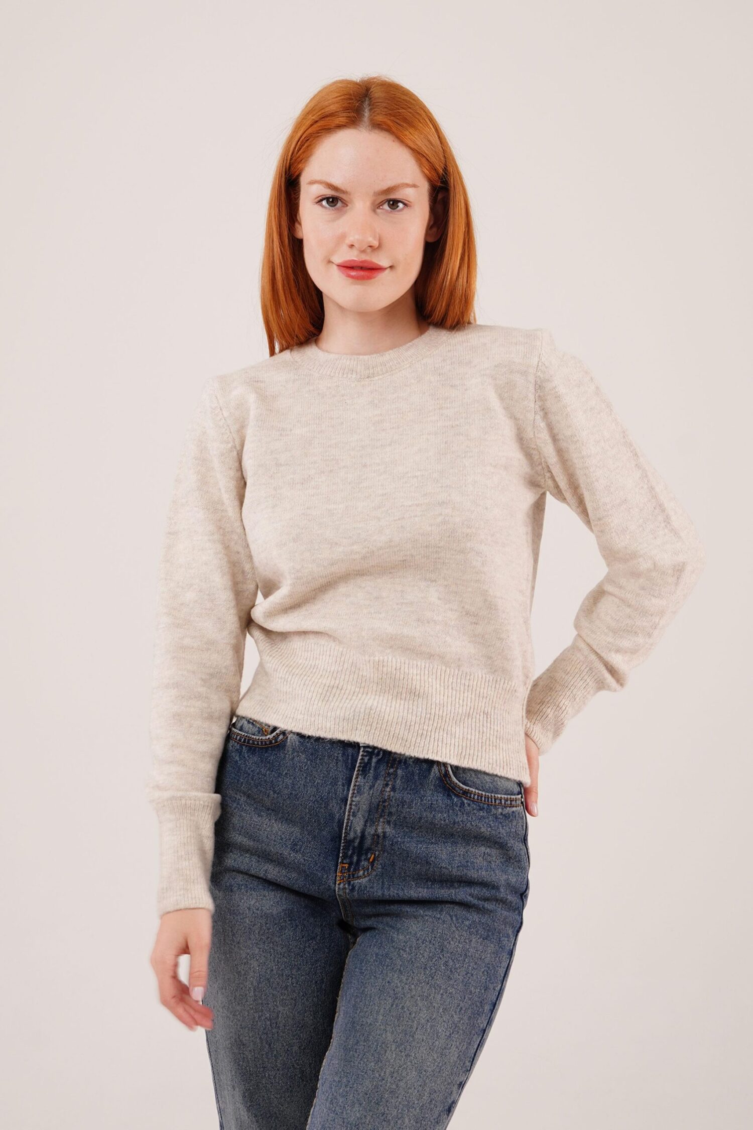 Beige Casual Sweater With Round Neck And Long Sleeves - Brand: Lustrin - Women & Kids, Baby Clothes Wholesale - Globality Store