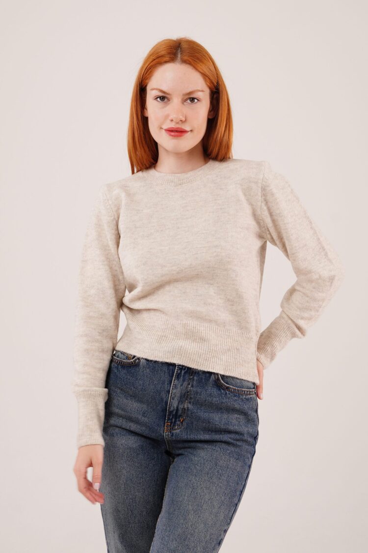 Beige Casual Sweater With Round Neck And Long Sleeves