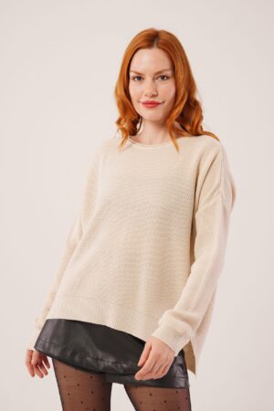 Beige Oversized Fit Sweater With Round Neck - Brand: Lustrin - Women & Kids, Baby Clothes Wholesale - Globality Store