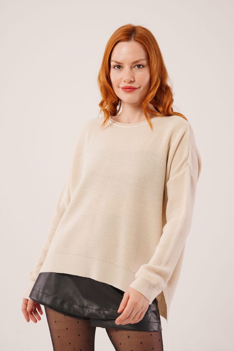 Beige Oversized Fit Sweater With Round Neck - Brand: Lustrin - Women & Kids, Baby Clothes Wholesale - Globality Store