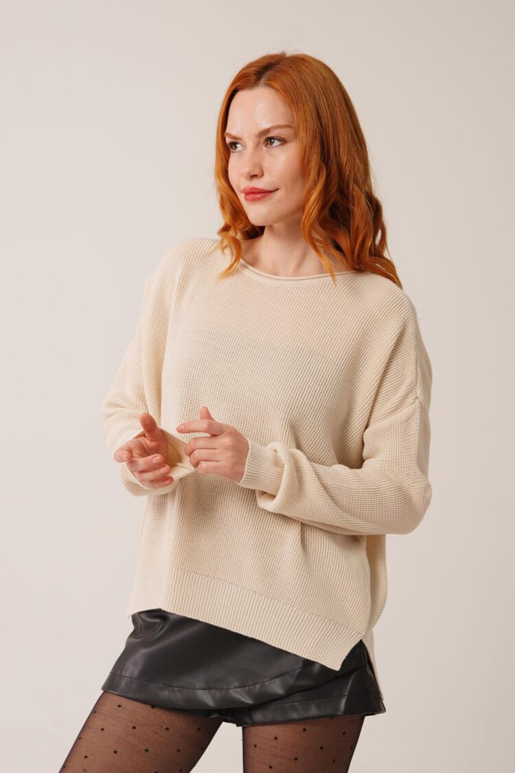 Beige Oversized Fit Sweater With Round Neck