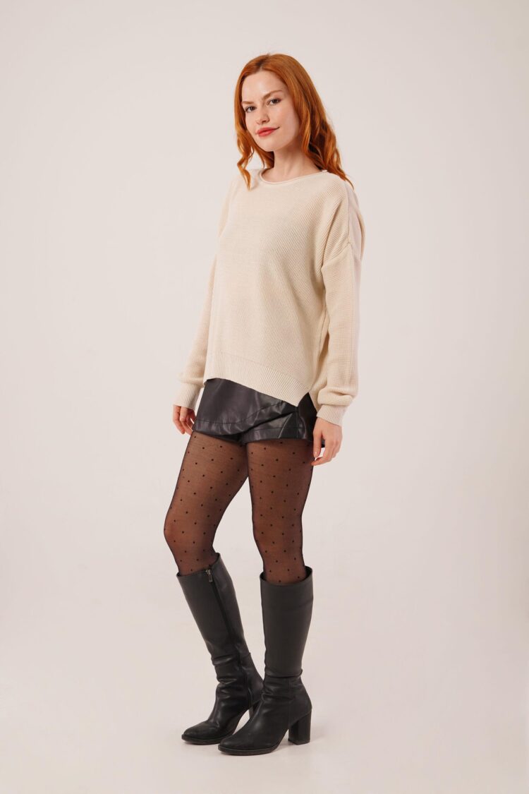 Beige Oversized Fit Sweater With Round Neck