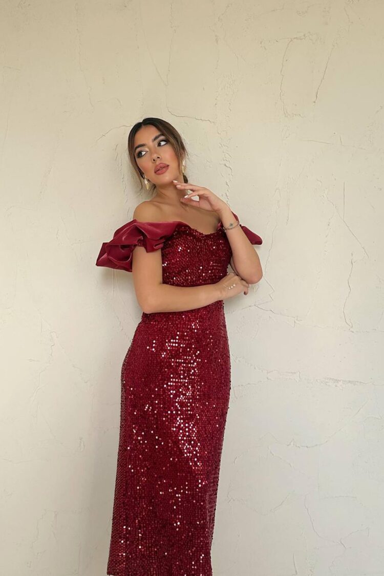Sequined Sleeveless Dress - Claret Red