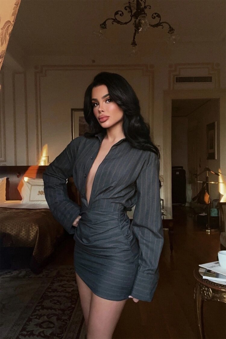 Grey Striped Sexy Elegant Formal Mini Shirt Dress