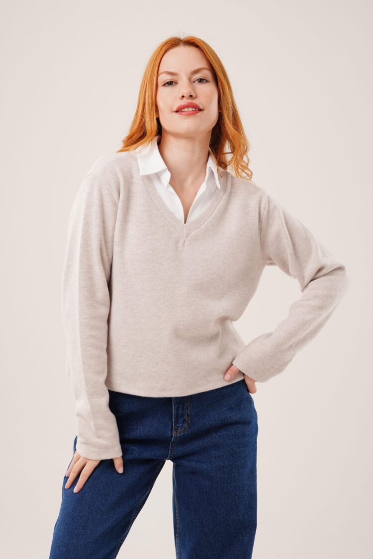Beige Blouse With V-Neck And Long Straight Sleeves