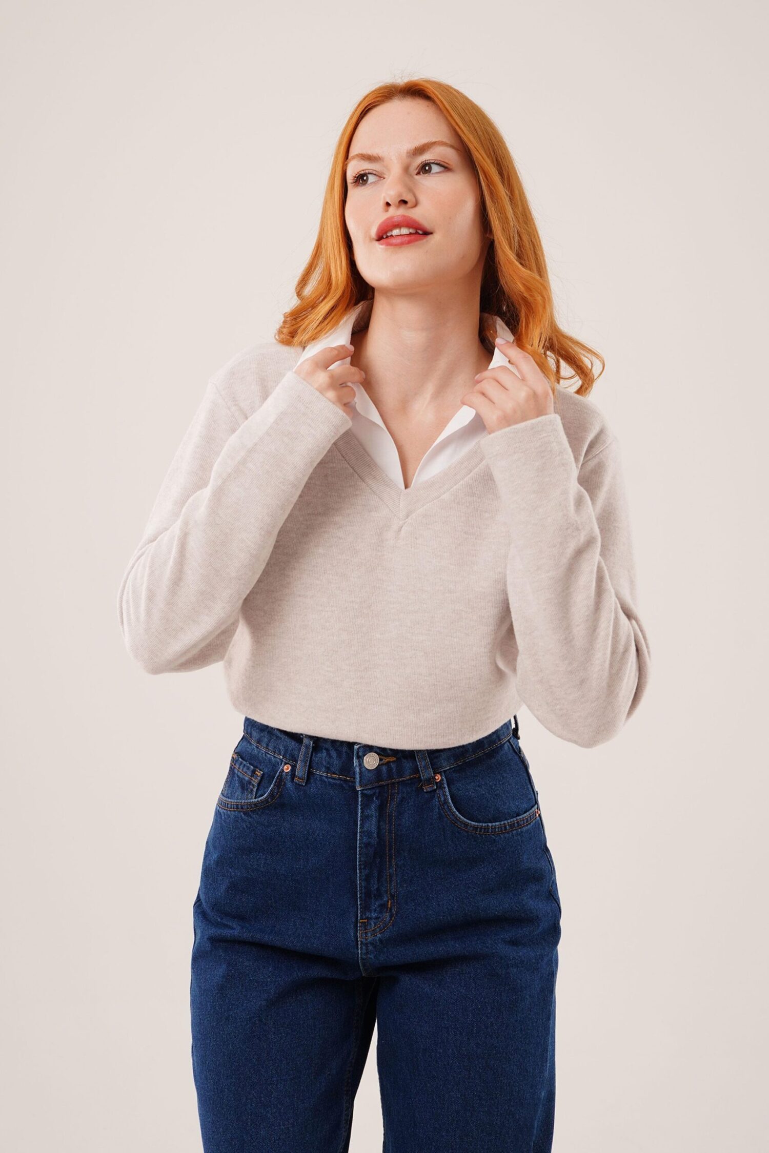 Beige Blouse With V-Neck And Long Straight Sleeves - Brand: Lustrin - Women & Kids, Baby Clothes Wholesale - Globality Store