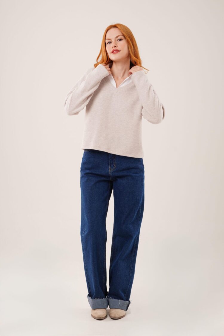 Beige Blouse With V-Neck And Long Straight Sleeves