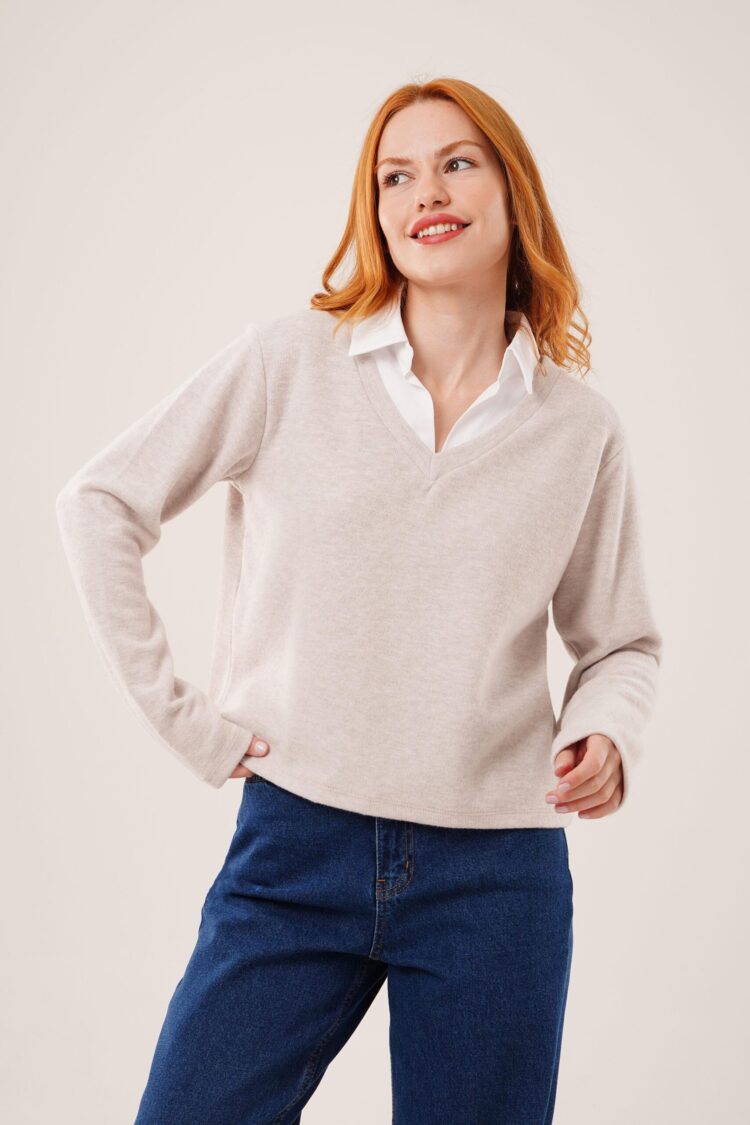 Beige Blouse With V-Neck And Long Straight Sleeves - Brand: Lustrin - Women & Kids, Baby Clothes Wholesale - Globality Store