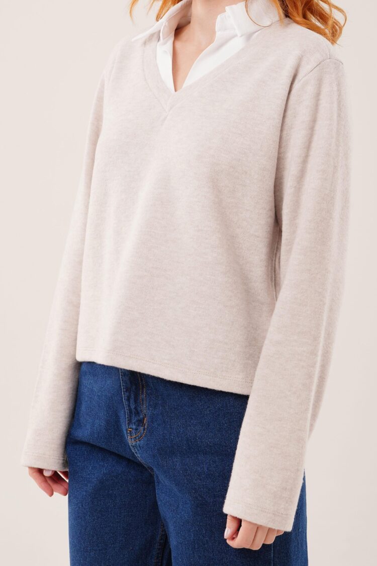 Beige Blouse With V-Neck And Long Straight Sleeves